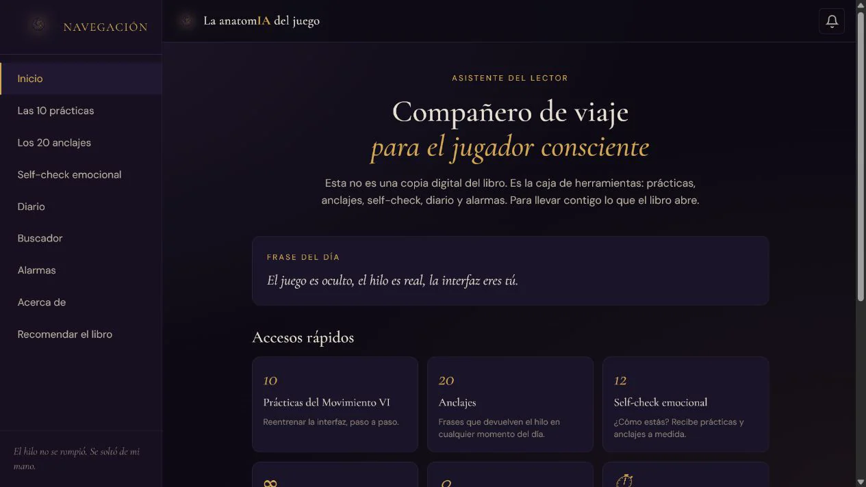 Vista previa del asistente virtual del lector con prácticas, anclajes y self-check emocional